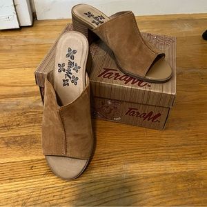 Tara M suede slides in cognac. Size 8.